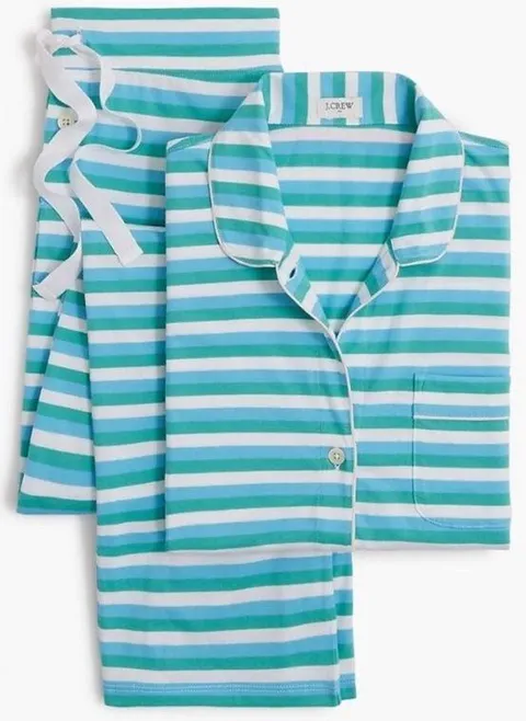 J. Crew Women's Long Sleeve Knit Pajama Set in Teal Whisper Mult, Size Medium