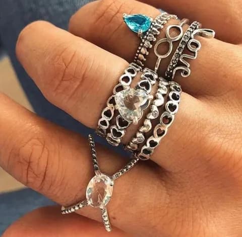 Glam Heart Stackable Knuckle Silver Ring Set 8 Pieces