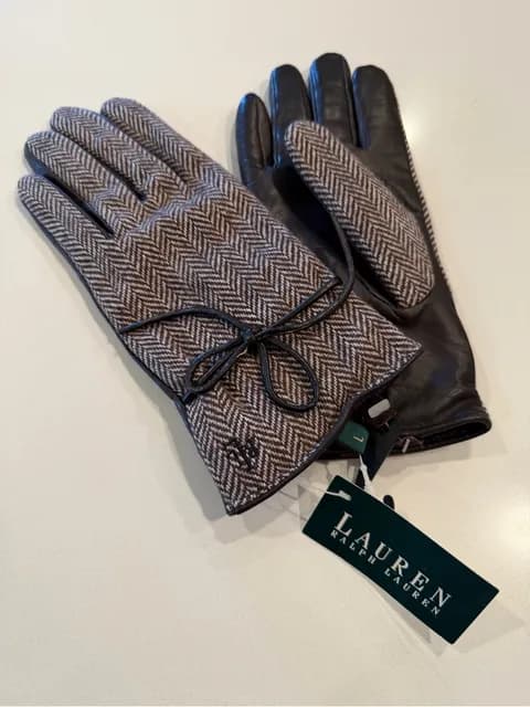 Lauren Ralph Lauren Herringbone Wool Gloves with Black Leather Trim