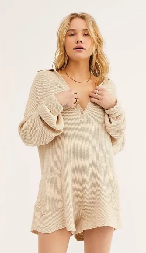Free People | FP Beach Picnic Sweater Romper In Sand - Linen/Cotton