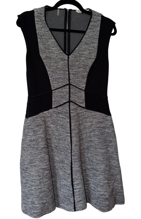 Rebecca Taylor Grey Black Colorblock Fit Flare Dress Cap Sleeve V-Neck Zip Back