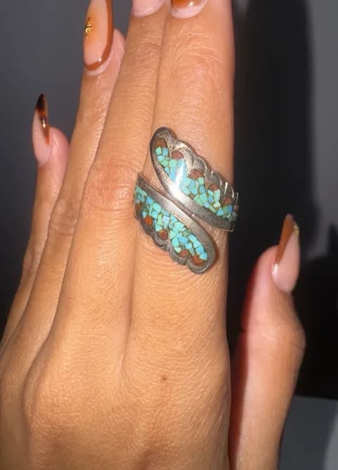 STERLING SILVER NATIVE AMERICAN NAVAJO 925 TURQUOISE & CORAL INLAY WRAP RING LB