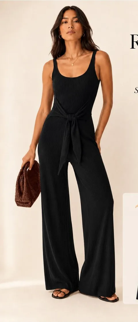Reformation Black Ribbed Wide-Leg Jumpsuit with Tie Waist