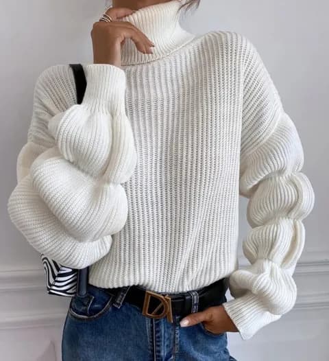 White Bubble Sleeve Sweater Top
