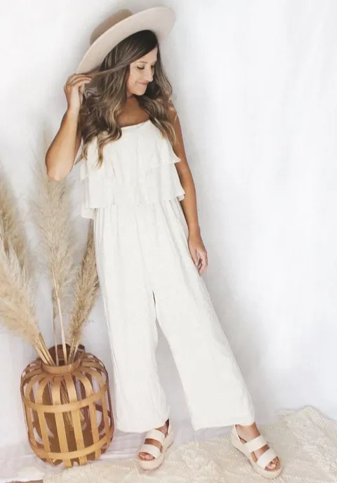 white ivory layered flounce jumpsuit romper
