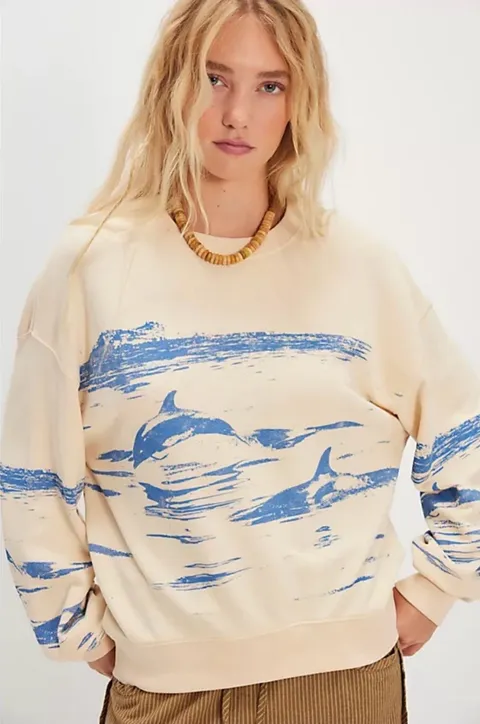 Daydreamer Free people Cream Dolphin-Print Crewneck Sweater oversized Large