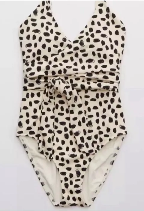 Aerie Polka Dot Print Wrap Tie Front One Piece Swimsuit XL Black White Textured