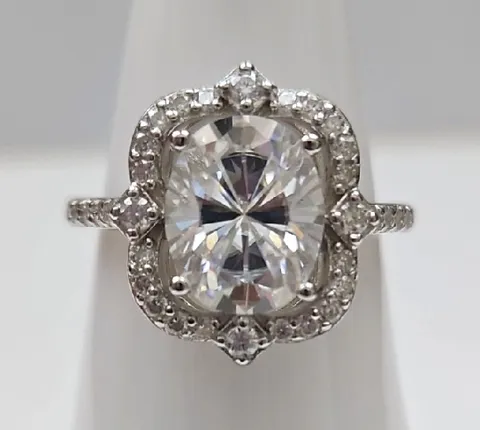 3ct Oval Scalloped Halo Iced Out Moissanite Ring. Size 7