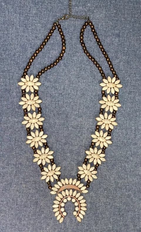 Squash Blossom Style necklace with real stone and bronze colored setting