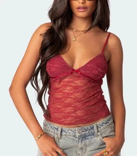 Edikted Size Large Red Eira Sheer Lace Tank Top Cami NEW
