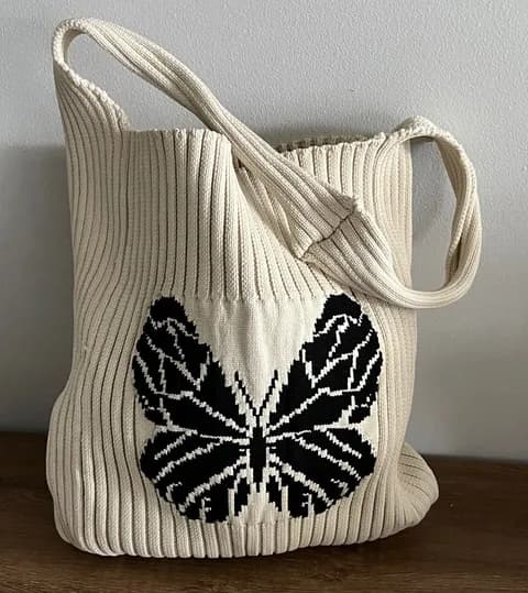 Boutique Cream Ribbed Knit Butterfly Shoulder Bag Soft Girl Aesthetic