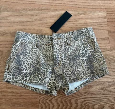 Lioness Leopard Print Denim Shorts in Tan and Brown