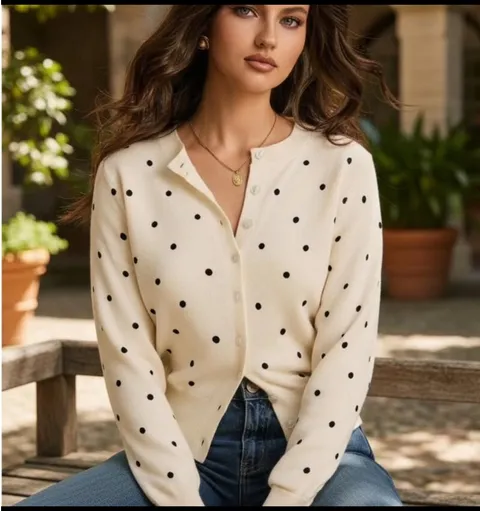 Maeve Cream Cardigan with Black Polka Dots