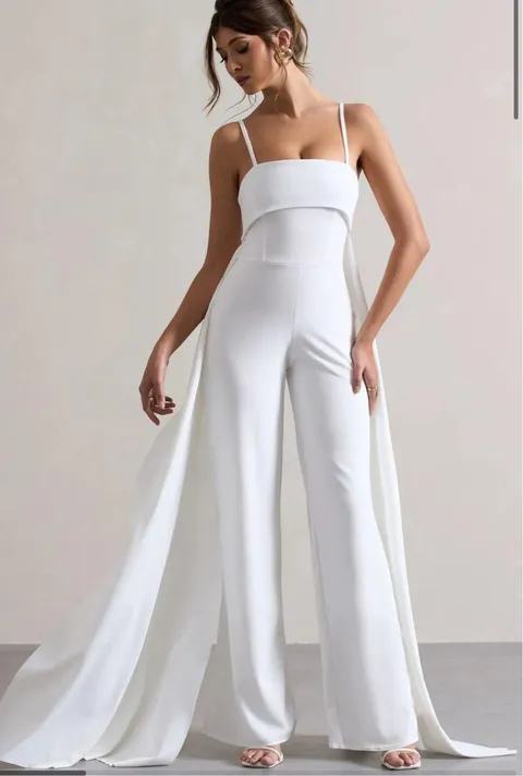 Club L London WHITE BANDEAU WIDE-LEG JUMPSUIT WITH CAPE