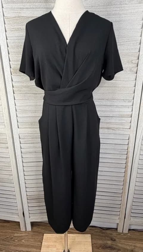 A NEW DAY- Black Short Sleeve Wrap Front Jumpsuit Cropped Length-Small