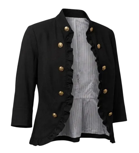 APOSTROPHE Military Chic Ruffle Blazer in Black with Gold Buttons Size Large New