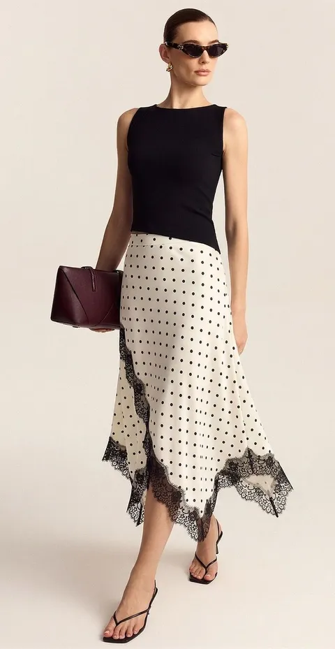 Commense Satin Polka Dot Lace Trim Midi Skirt - Cream and Black Medium NEW