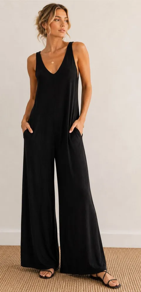 Free People Beach Black Wide Leg Jumpsuit Womens XS Casual Summer Lagenlook