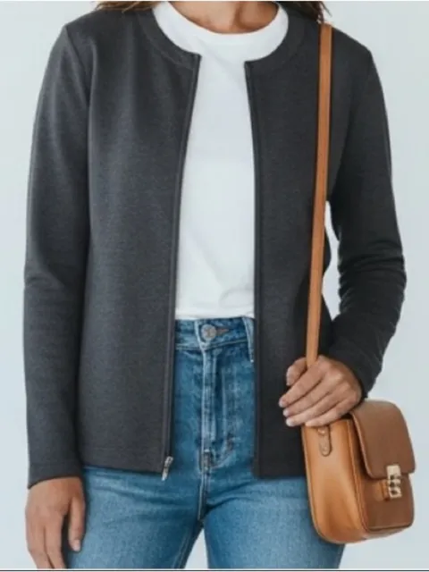 Lands End gray Cotten blend Zip Crew Cardigan loungewear basic minimalist active
