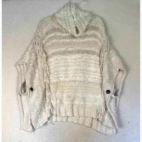 Anthropologie Fringed Boho Poncho M/L Marilyn Cream Coverup Boho Side Buttons