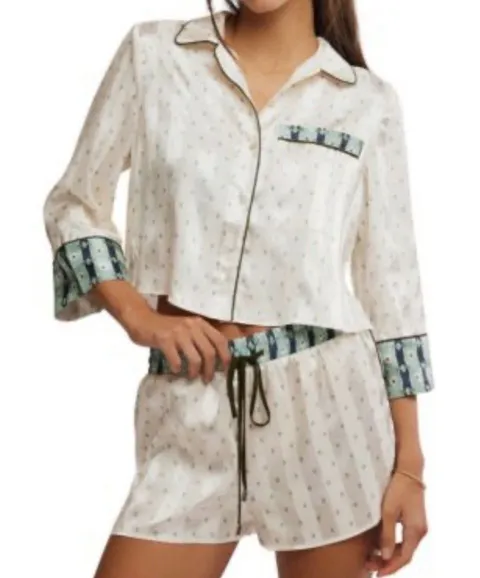 Free People Pillow Talk Pajama Set Sz S Ivory Floral Satin Top Shorts
