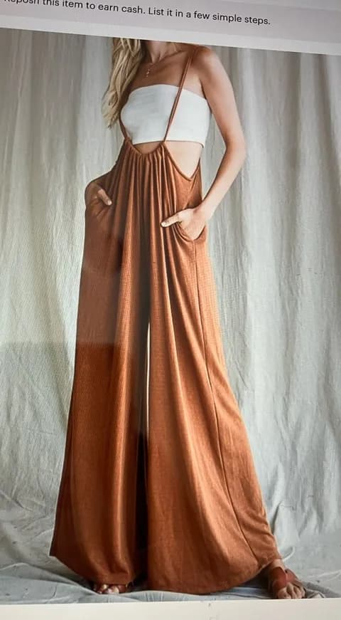 Camel Overall Wide Leg Jumpsuit Brown Size L