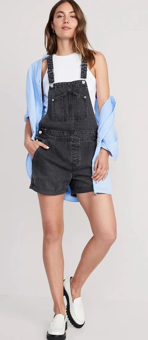 Old Navy Slouchy Straight Non-Stretch Black Jean Short Overalls XL
