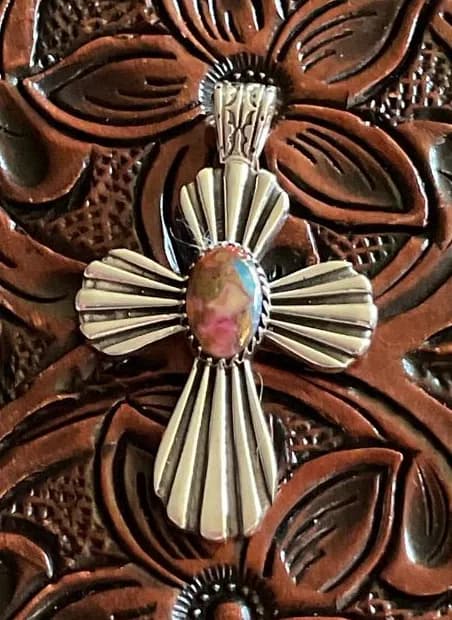 Sterling Silver 925 Cross Pendant with Spiny Oyster & Turquoise Pink