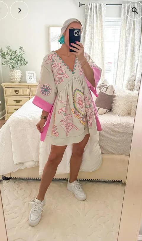 Embroidered Mini Dress Pink/Ivory