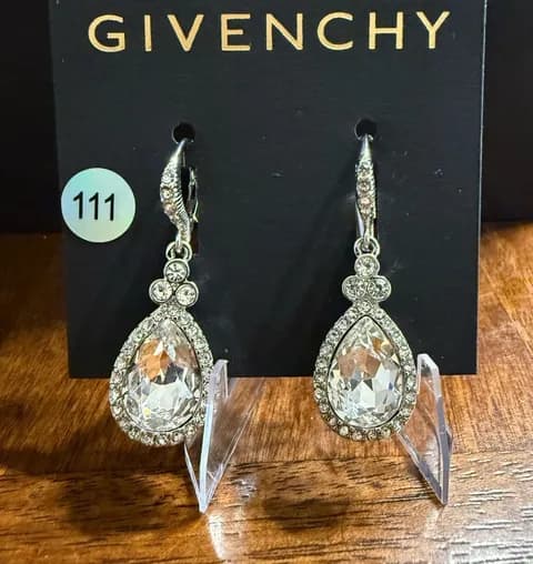 NEW Givenchy Silver Tone Clear Crystal Teardrop Dangle Leverback Earrings