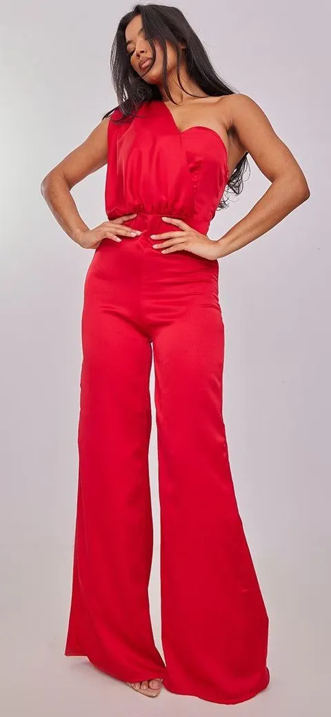 NWT PrettyLittleThing Red Draped One Shoulder Satin Wide Leg Jumpsuit