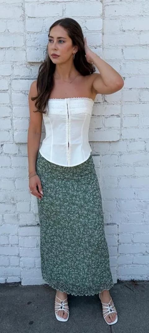 Urban Outfitters green floral maxi skirt with lace trim sz S #summer #boho #eurosummer #y2k