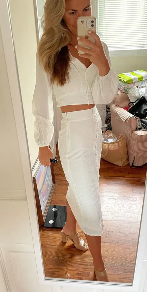 White Two Piece Skirt Top Set