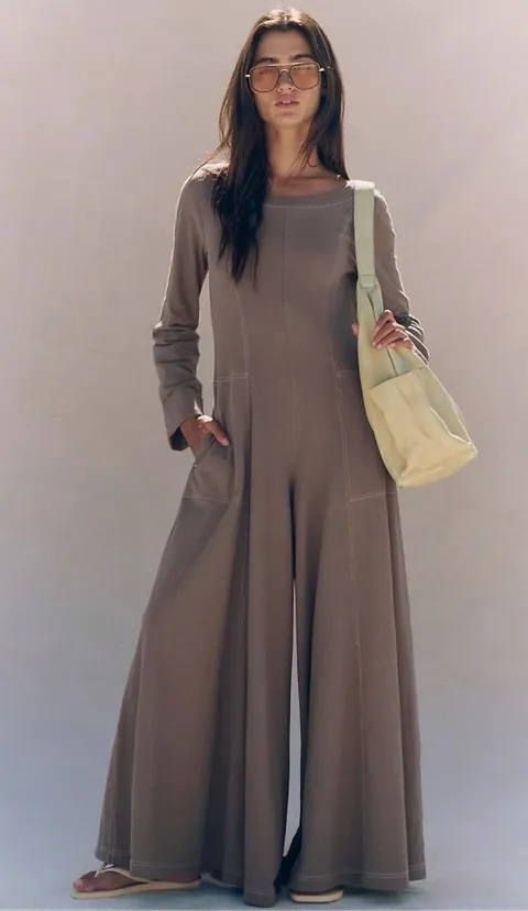 Free People Bohemian Wide Leg LagenLook Strada Jumpsuit Neutral Tan Medium NWT