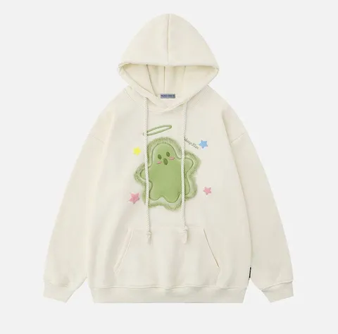 Cream Apricot Embroidery Cartoon Ghost Hoodie