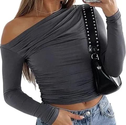 Women Long Sleeve Off Shoulder top Gray
