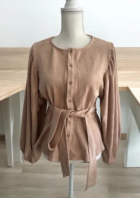 VICI Beige Button Down Faux Suede Belted Long Sleeve Top Sz Large