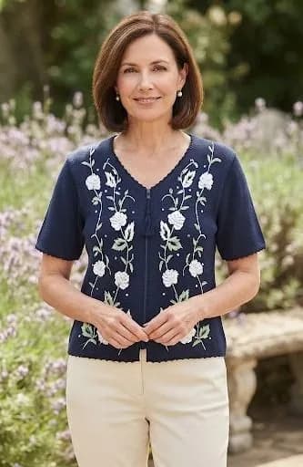 Worthington Vintage Navy Blue Floral Embroidered Zip Up Tassel Cardigan Large