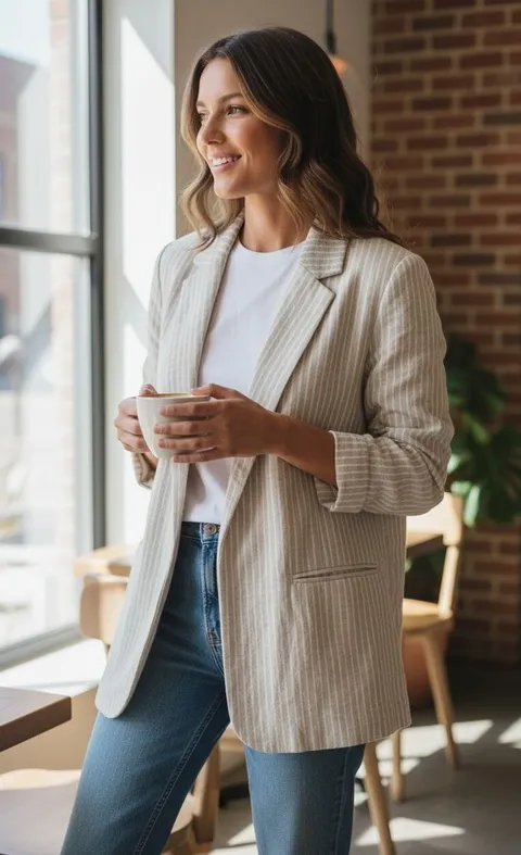 Abercrombie & Fitch Womens L Tan White Striped Linen Blend Open Front Blazer