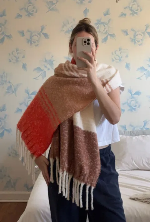 Aerie Scarf Blanket Plaid Red Fringe