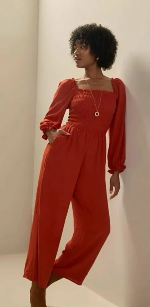 Francesca's Rust Orange Smocked Wide Leg Jumpsuit Long Sleeve Square Neck XL NWT