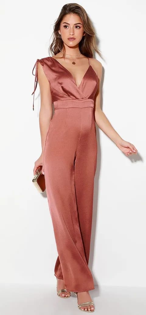 Lulu’s NWT Satin Asymmetrical Jumpsuit Rusty Rose Large