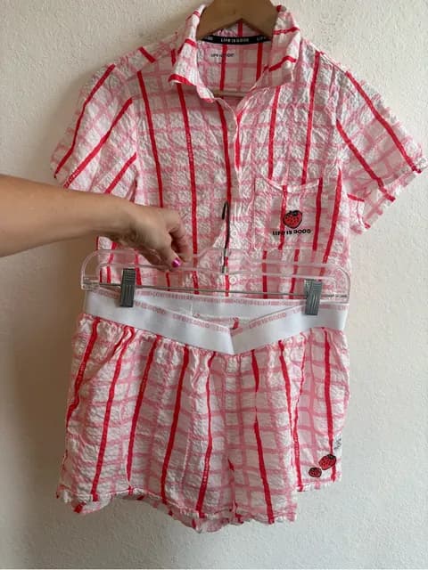 Life is Good pink-and-white checked short pajama set embroidered strawberry