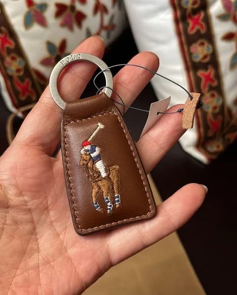 Polo Key Chain Fob Brown Multi Leather Embroidered NWT