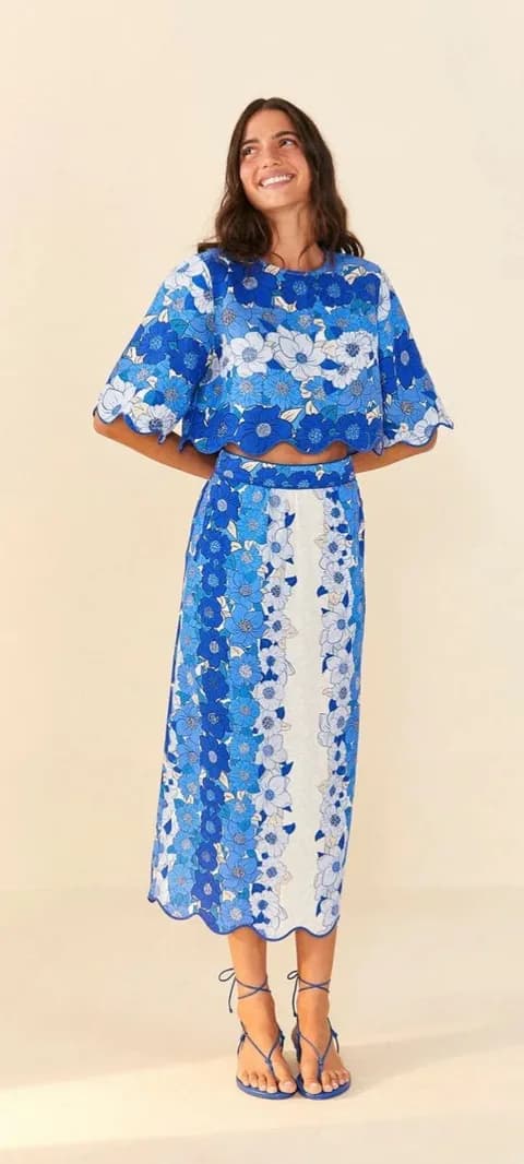 NWT FARM Rio Blue Flower Stripes Crop Top & Midi Skirt Linen Scallop Set