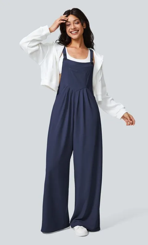 Halara Dark Blue Pockets Waffle Casual Overalls