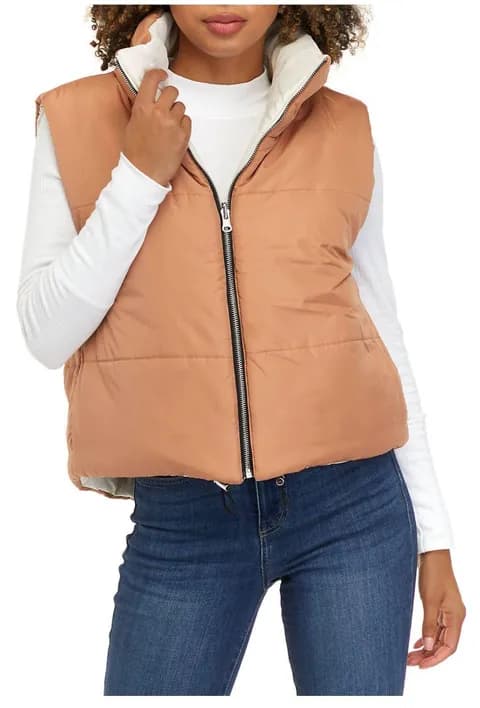 Puffer Vest Reversible Cozy Zip Jacket Beige Tan Womens M New