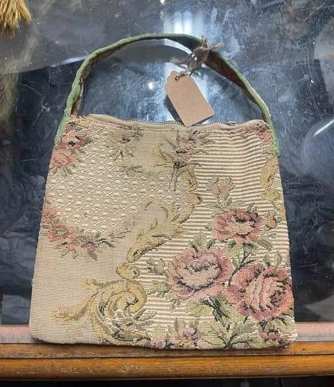 Antique/Vintage Floral Tapestry/Carpet Bag Material Hand Bag in Beige and Pink