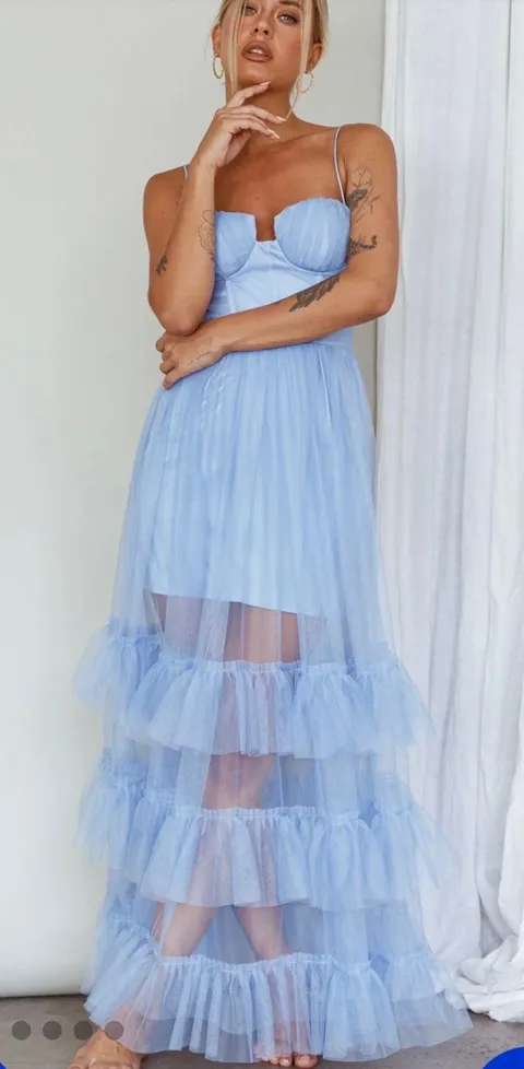 Selfie Leslie Ruffle Mesh Maxi Dress Sky Blue