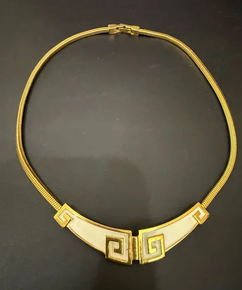 Vintage Signed TRIFARI Gold-tone Off White Enameled Greek Key Style Necklace